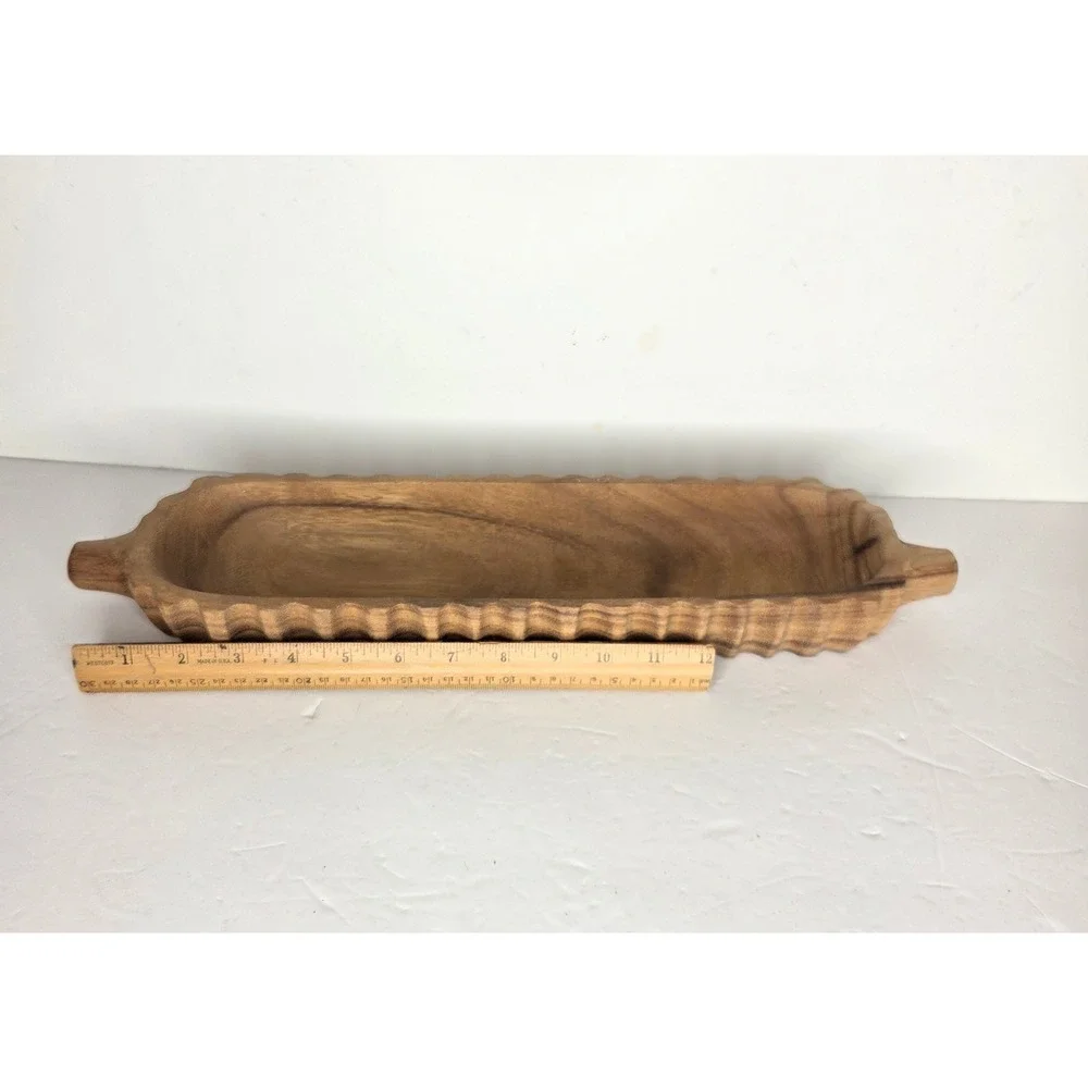 Vintage Hand Carved Scalloped Wood Dough Bowl Rustic Primitive Server Boho